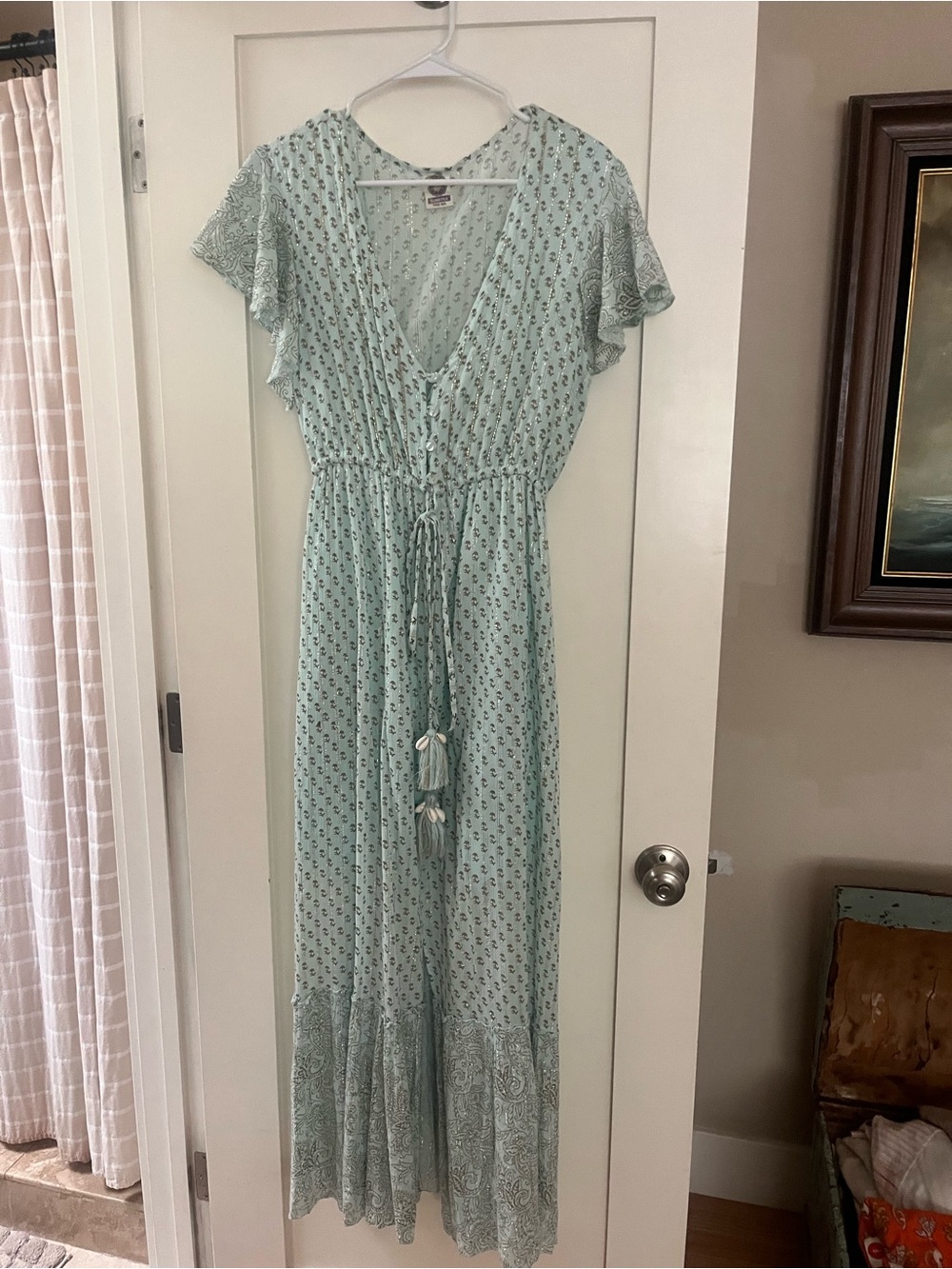 Light Green Floral Maxi Dress with Tie Waist